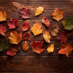 Obraz premium Flat lay of colorful autumn leaves scattered on rustic wooden table, soft warm light