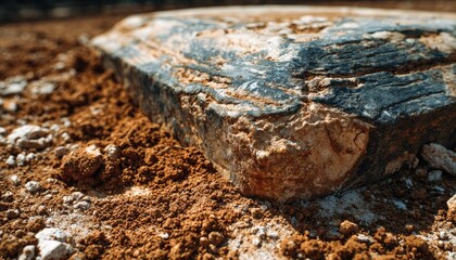 Rough-hewn stone in reddish dirt