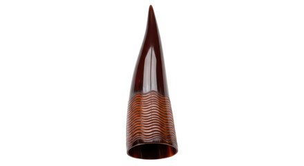 Isolated stylized dark brown animal horn, tapered tip, ridged base, decorative element