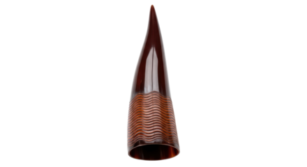 Isolated stylized dark brown animal horn, tapered tip, ridged base, decorative element