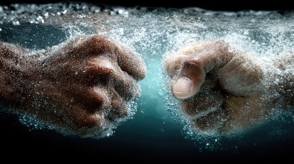 Two fists clash underwater, creating a burst of bubbles