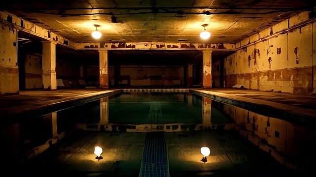 Night, an abandoned indoor pool, eerily illuminated, horror, suspense, liminal space