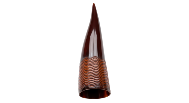 Isolated stylized dark brown animal horn, tapered tip, ridged base, decorative element