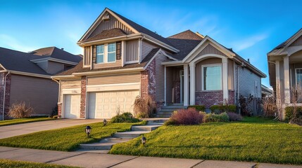 Fototapeta premium Elegant suburban home with brick and siding textures, manicured lawn and pathway lighting, bathed in golden sunlight - timeless charm and modern co