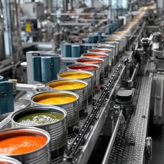 Food cans moving on an automated production line