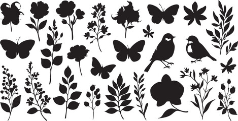 Floral and fauna silhouette vector pack: flowers, butterflies, and birds eps
