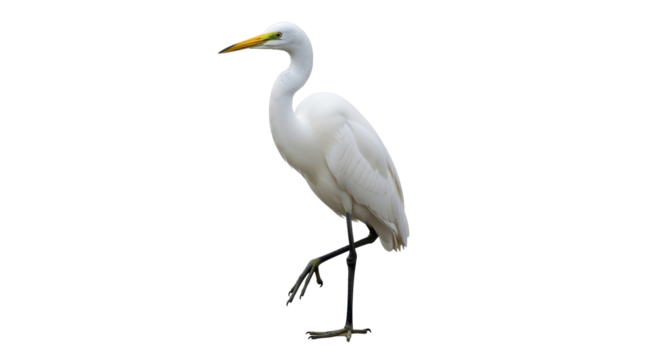 Isolated Great Egret standing on one leg, elegant bird on display, nature stock photo