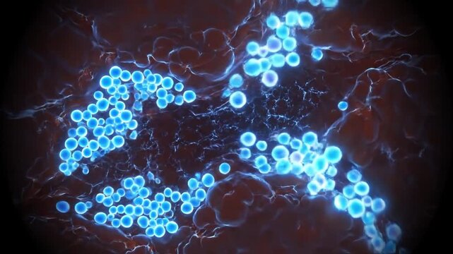 Dynamic microscopic visualization of numerous glowing blue spheres moving within a complex biological network representing cellular processes molecular science  - Powered by Adobe