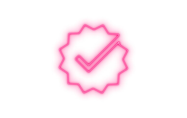 Colorful neon checkmark icon inside a stylized star shape, symbolizing approval, completion, and success, with a vibrant pink glow, isolated on transparent background.