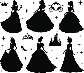 Princess silhouette clipart, fairy tale vector, royal dress design, castle and crown icons, magical elements, Cinderella theme, fantasy girl illustration bundle. © Shahariar's World