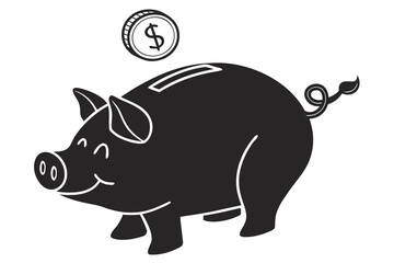Happy Piggy Bank Receiving Dollar Coin.