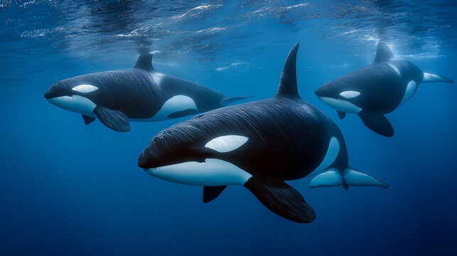 Close-up photo of 3 male orcas swimming near Scilly islands. Detailed view of orcas underwater