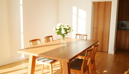 Fototapeta premium Sunny, light-filled dining room with a wooden table and chairs.