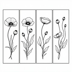 Naklejka premium Elegant Black-and-White Poppy Illustrations in Art Panels
