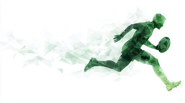 A dynamic, abstract silhouette of a rugby player sprinting, portrayed with green geometric shapes, emphasizing speed and agility.
