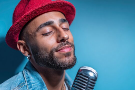 Serene singer in red hat with vintage microphone expressing musical passion and relaxed joy against - Powered by Adobe