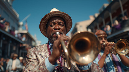 Grand marshal, trumpeter, and drummer marching down Bourbon Street in New Orleans. Bright daytime light, rule of thirds composition