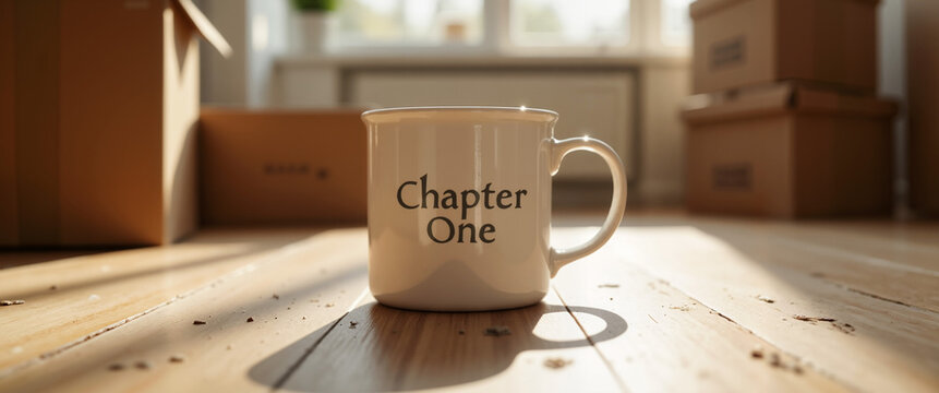 A coffee mug that says "Chapter One" among moving boxes, a symbolic image for content about starting a new chapter in life, moving, or personal growth.