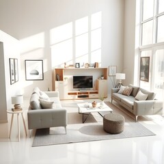 Modern light-filled living room with light gray sofas, a light wood entertainment center, and a marble coffee table.