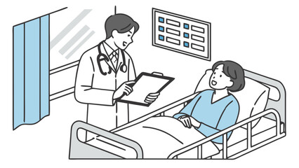 Doctor Consulting Female Patient in Hospital Bed, Medical Consultation and Healthcare Discussion in Hospital Room Illustration