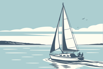 Fototapeta premium Sailboat gliding across calm blue waters under a serene sky.
