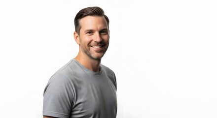 Fototapeta premium Smiling Man in Gray T-Shirt on White Background, Studio Portrait