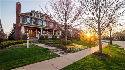 Fototapeta premium Elegant suburban home with brick and siding textures, manicured lawn and pathway lighting, bathed in golden sunlight - timeless charm and modern co