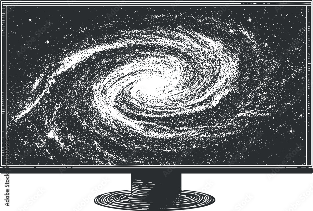 Poster a digital illustration of a galaxy displayed on a computer monitor against a dark background.