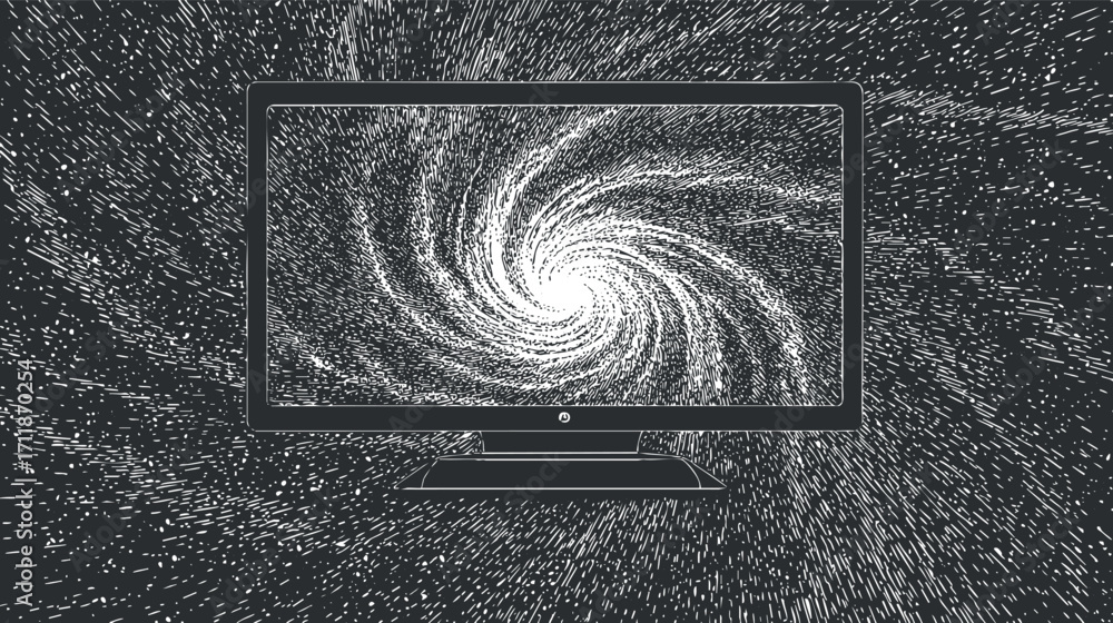 Poster a digital illustration of a computer monitor displaying a swirling galaxy design.