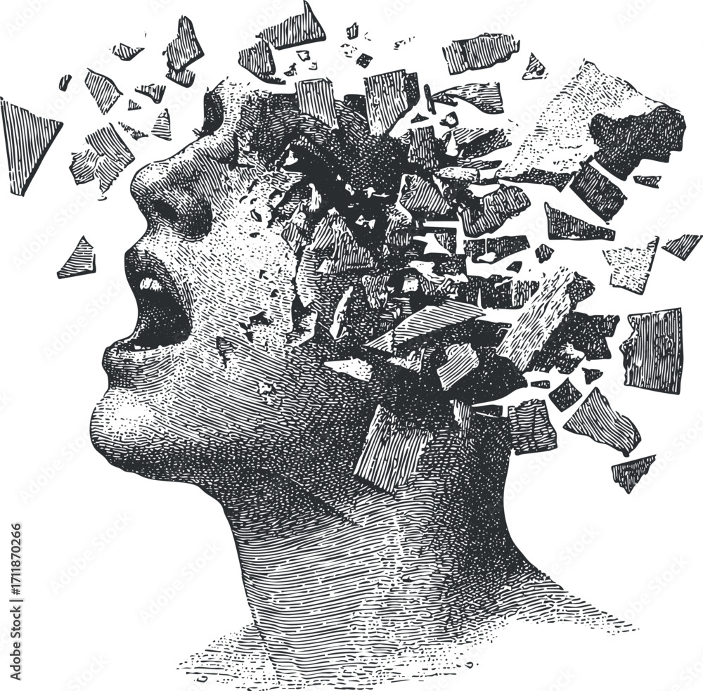 Poster an artistic depiction of a fragmented head expressing intense emotion through disintegration.