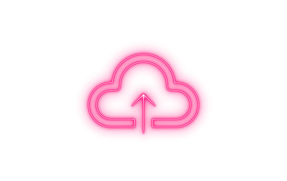 Colorful neon cloud upload icon illustration with an upward arrow, representing digital data transfer, internet storage, and network services, isolated on transparent background.