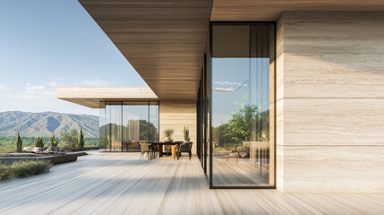 A contemporary home showcases a stylish design with expansive glass windows. The modern structure blends with its surroundings, highlighting a peaceful pool area and natural landscape.