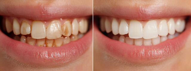 Close-up photos of teeth: damaged by soda and coffee vs. restored with toothpaste. Bright white, intact teeth in natural light