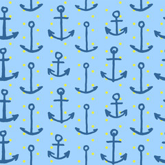 Vector seamless pattern with freehand drawn cartoon anchors on blue background with polka dots