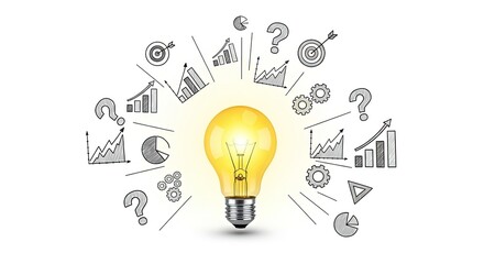 Lightbulb surrounded by business and data icons isolated on white background