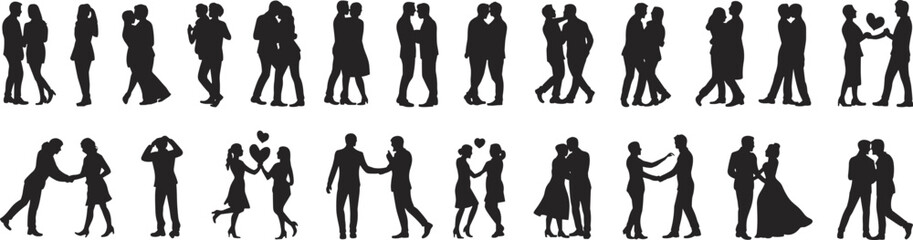 Romantic couple silhouette vector set, love couples in various poses, dating, dancing, hugging, LGBT, wedding, relationship, emotional connection, isolated on white