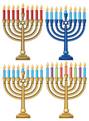 Colorful Hanukkah Menorahs with Lit Candles Vector Set