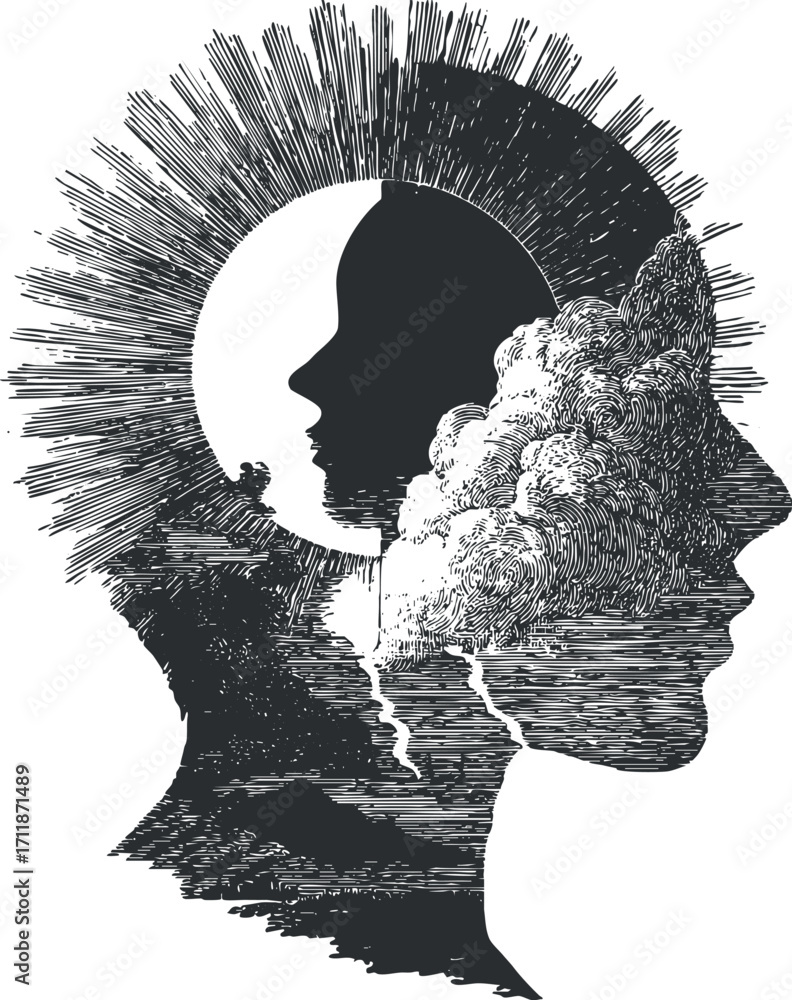 Poster an artistic illustration depicting two profiles with nature elements and abstract features.