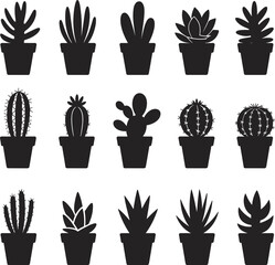 Black silhouette cactus and succulent illustrations, potted plant vector set, desert botanical design for gardening, home decor, nature, and floral projects