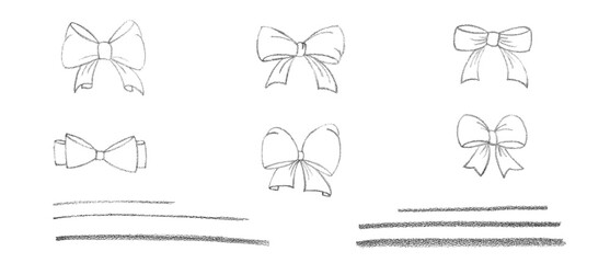 Chalk coquette bow with ribbon line set. Hand drawn vector illustration isolated on white background for design template present for wedding, Birthday, Christmas decoration or discount, sale. 