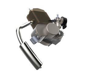 Naklejka premium Motorized Bicycle 2-Stroke Engine Kit: Precision 3D Render of a Compact Gasoline Power Unit. Features Carburetor, Spark Plug, Exhaust, isolated on White for DIY Custom Bikes and Engineering Designs.