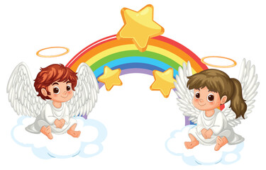 Two Cartoon Angels Sitting on Clouds with Rainbow