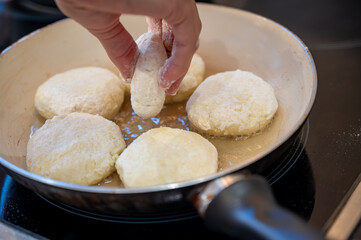 Raw Syrniki Cottage Cheese Pancakes in Frying Pan