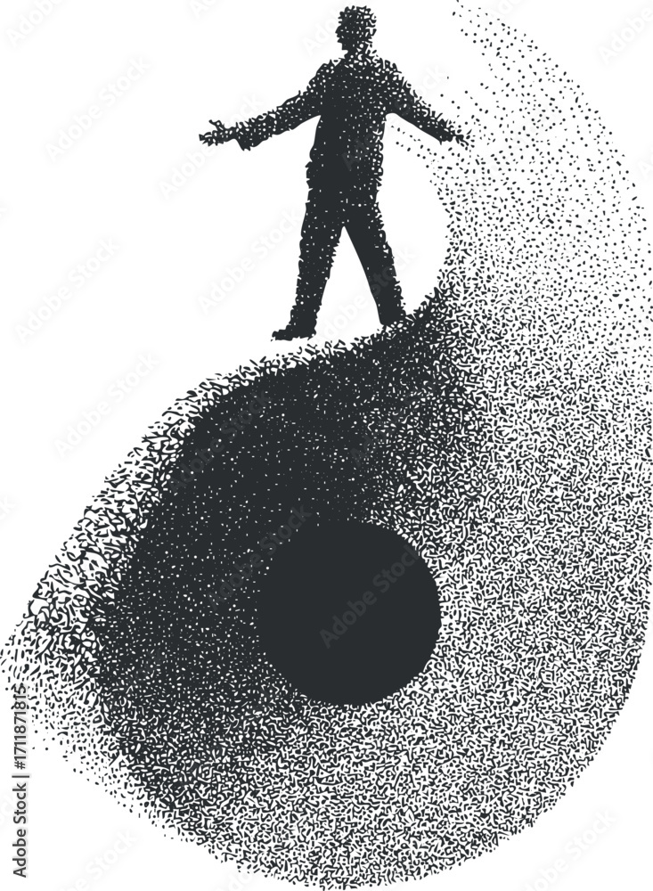 Poster a silhouette of a man standing in a dynamic abstract swirl representing balance and motion.