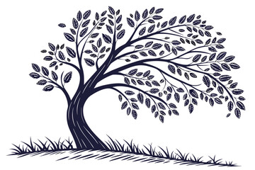 Stylized Dark Blue Tree with Detailed Leaves.