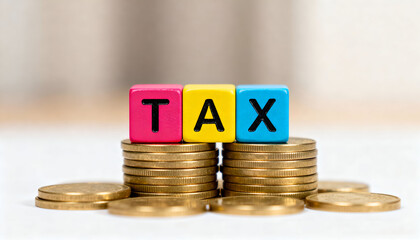 Colourful cubes in bright matte shades spelling TAX on coin stacks