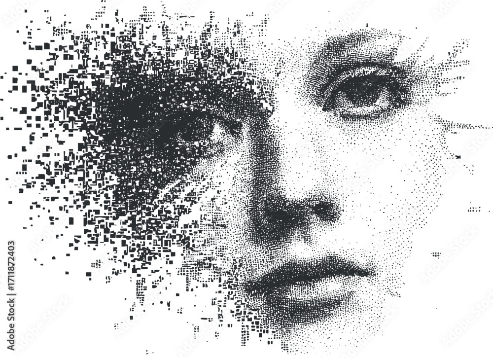 Aufkleber an abstract digital artwork illustrating a fragmented face composed of pixels and dots.