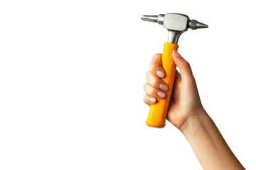 Hand holding a yellow hammer isolated on transparent background, showcasing craftsmanship and the importance of tools in construction and home improvement projects