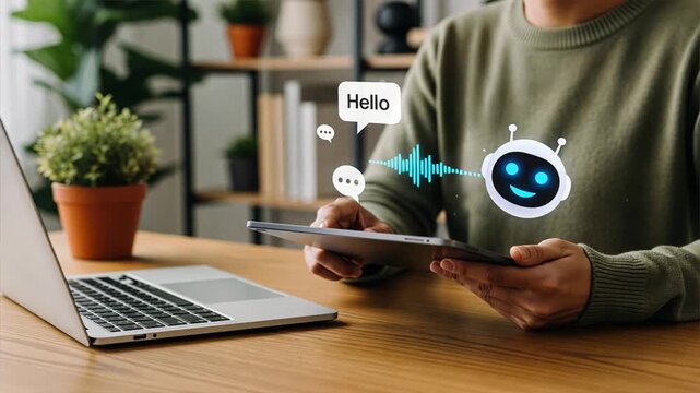 Person at wooden desk using tablet with laptop nearby and glowing digital icons float around showing chatbot interface and ai assistant in action