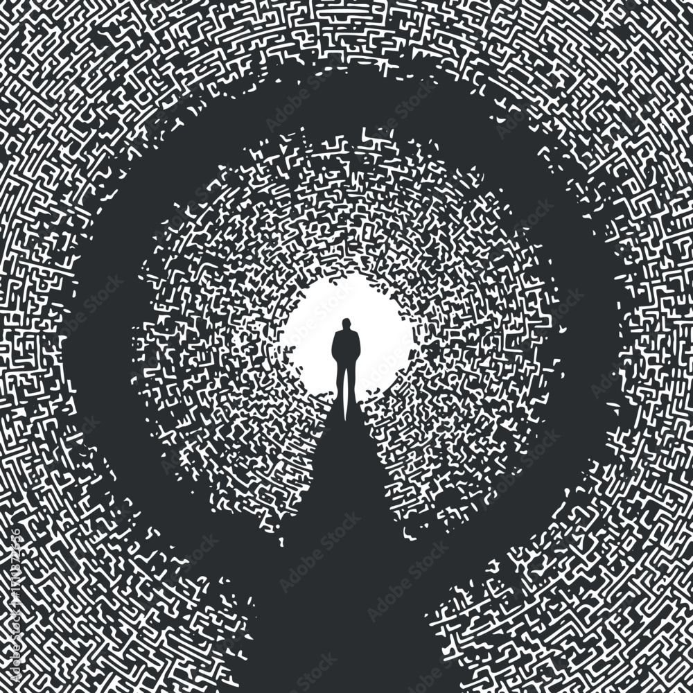 Poster a silhouetted figure stands at the end of a complex maze symbolizing exploration and challenge.